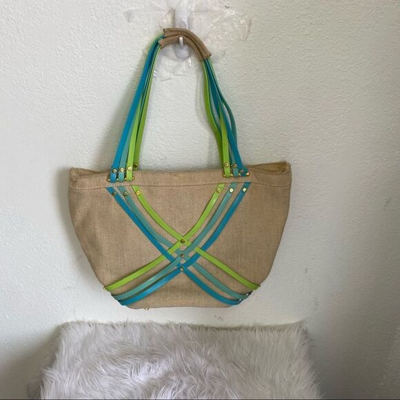 Crocs Huarache Tan Green Blue Strappy Hemp Canvas Tote Bag - Picture 4 of 14